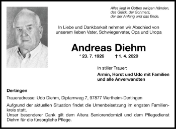 Traueranzeige von Andreas Diehm von Fränkische Nachrichten