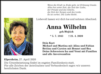 Traueranzeige von Anna Wilhelm von Fränkische Nachrichten