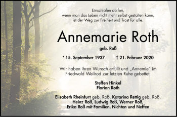 Traueranzeige von Annemarie Roth von Bergsträßer Anzeiger