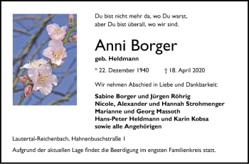 Traueranzeige von Anni Borger von Bergsträßer Anzeiger