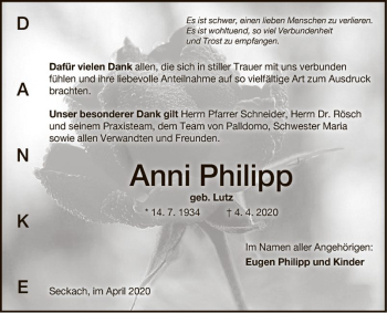 Traueranzeige von Anni Philipp von Fränkische Nachrichten