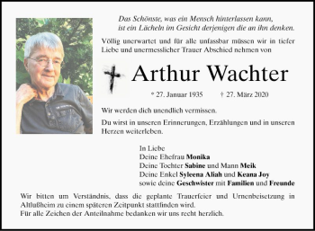 Traueranzeige von Arthur Wachter von Mannheimer Morgen