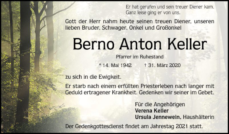  Traueranzeige für Berno Anton Keller vom 04.04.2020 aus Schwetzinger Zeitung