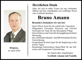 Traueranzeige von Bruno Amann von Fränkische Nachrichten