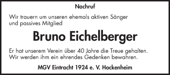 Traueranzeige von Bruno Eichelberger von Schwetzinger Zeitung