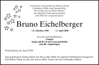 Traueranzeige von Bruno Eichelberger von Schwetzinger Zeitung