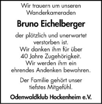 Traueranzeige von Bruno Eichelberger von Schwetzinger Zeitung