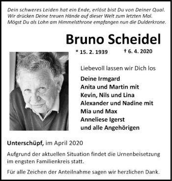 Traueranzeige von Bruno Scheidel von Fränkische Nachrichten