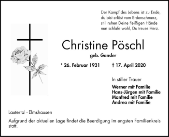 Traueranzeige von Christine Pöschl von Bergsträßer Anzeiger