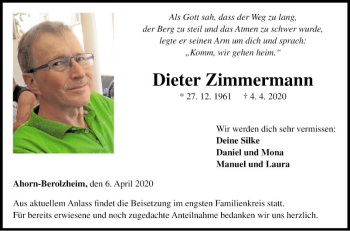 Traueranzeige von Dieter Zimmermann von Fränkische Nachrichten