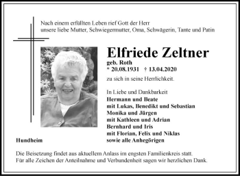 Traueranzeige von Elfriede Zeltner von Fränkische Nachrichten