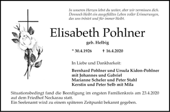 Traueranzeige von Elisabeth Pohlner von Mannheimer Morgen