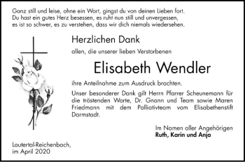 Traueranzeige von Elisabeth Wendler von Bergsträßer Anzeiger