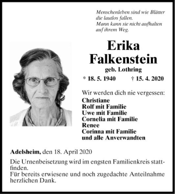 Traueranzeige von Erika Falkenstein von Fränkische Nachrichten