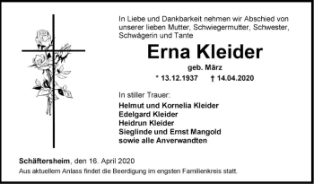 Traueranzeige von Erna Kleider von Fränkische Nachrichten