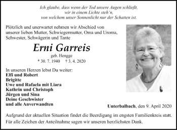 Traueranzeige von Erni Garreis von Fränkische Nachrichten