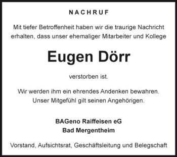 Traueranzeige von Eugen Dörr von Fränkische Nachrichten