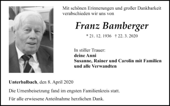 Traueranzeige von Franz Bamberger von Fränkische Nachrichten