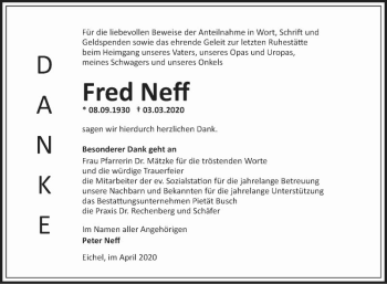 Traueranzeige von Fred Neff von Fränkische Nachrichten