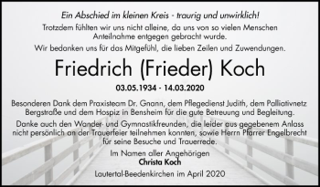 Traueranzeige von Friedrich Koch von Bergsträßer Anzeiger