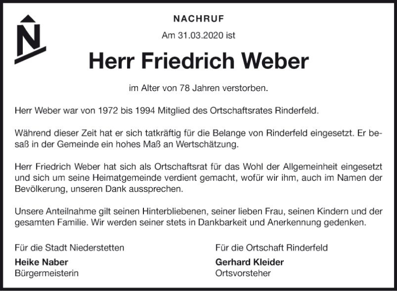  Traueranzeige für Friedrich Weber vom 02.04.2020 aus Fränkische Nachrichten