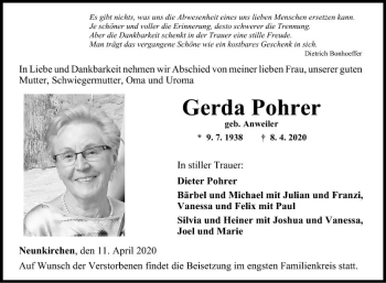 Traueranzeige von Gerda Pohrer von Fränkische Nachrichten