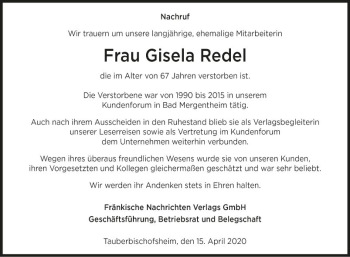 Traueranzeige von Gisela Redel von Fränkische Nachrichten