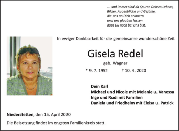 Traueranzeige von Gisela Redel von Fränkische Nachrichten