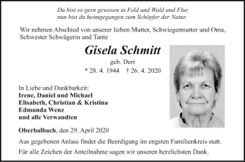 Traueranzeige von Gisela Schmitt von Fränkische Nachrichten