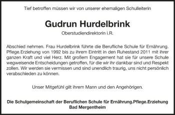 Traueranzeige von Gudrun Hurdelbrink von Fränkische Nachrichten