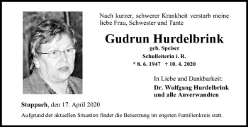 Traueranzeige von Gudrun Hurdelbrink von Fränkische Nachrichten