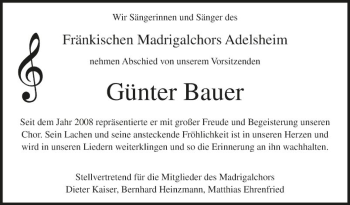 Traueranzeige von Günter Bauer von Fränkische Nachrichten