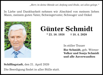 Traueranzeige von Günter Schmidt von Fränkische Nachrichten