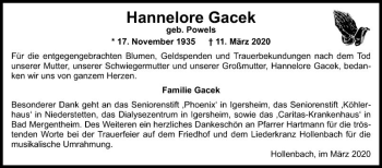 Traueranzeige von Hannelore Gacek von Fränkische Nachrichten