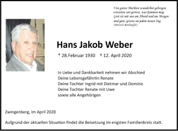 Traueranzeige von Hans Jakob Weber von Bergsträßer Anzeiger