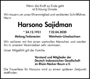 Traueranzeige von Harsono Sajidman von Mannheimer Morgen