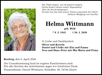 Traueranzeige von Helma Wittmann von Fränkische Nachrichten