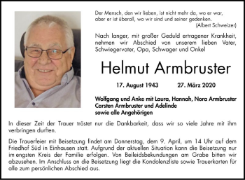 Traueranzeige von Helmut Armbruster von Bergsträßer Anzeiger