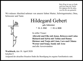 Traueranzeige von Hildegard Gebert von Fränkische Nachrichten