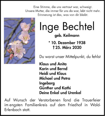 Traueranzeige von Inge Bechtel von Bergsträßer Anzeiger