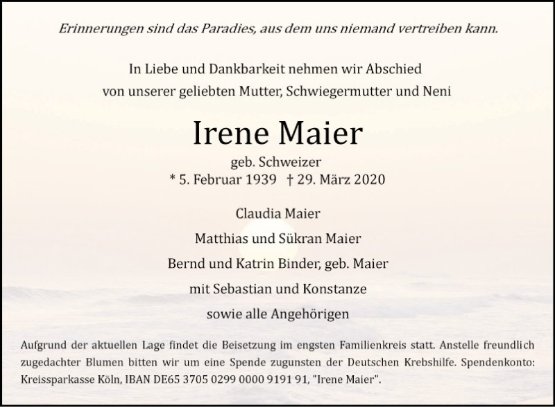  Traueranzeige für Irene Maier vom 11.04.2020 aus Mannheimer Morgen