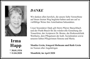 Traueranzeige von Irma Happ von Fränkische Nachrichten