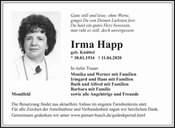 Traueranzeige von Irma Happ von Fränkische Nachrichten