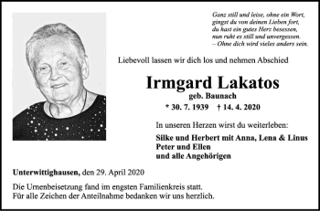 Traueranzeige von Irmgard Lakatos von Fränkische Nachrichten