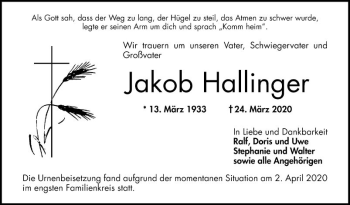 Traueranzeige von Jakob Hallinger von Bergsträßer Anzeiger