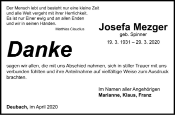 Traueranzeige von Josefa Mezger von Fränkische Nachrichten