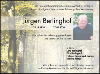 Traueranzeige von Jürgen Berlinghof von Schwetzinger Zeitung