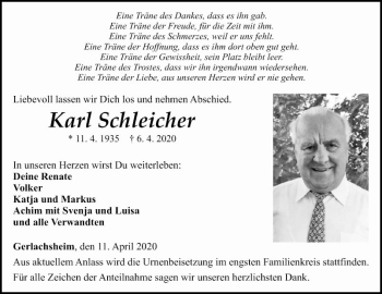 Traueranzeige von Karl Schleicher von Fränkische Nachrichten