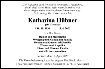 Traueranzeige von Katharina Hübner von Fränkische Nachrichten