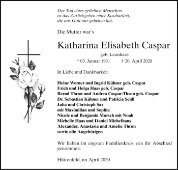 Traueranzeige von Katharina Elisabeth Caspar von Südhessen Morgen